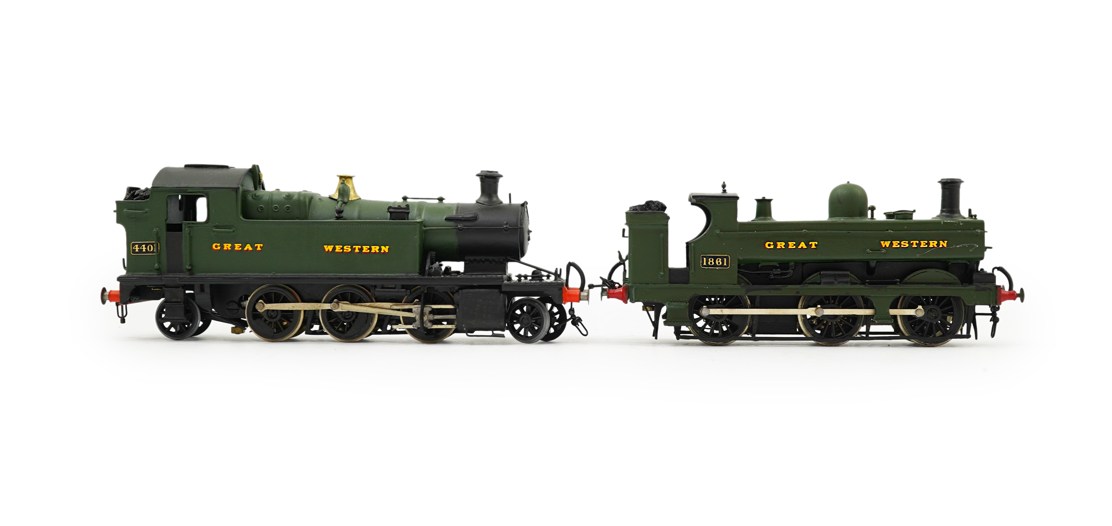 Two 00 gauge brass and white metal kit built GWR tank locomotives; a 4400 class 2-6-2 Prairie Tank, 4401, together with an 1854 class 0-6-0PT, 1861, constructed, painted and lined to a high standard, both motored for two